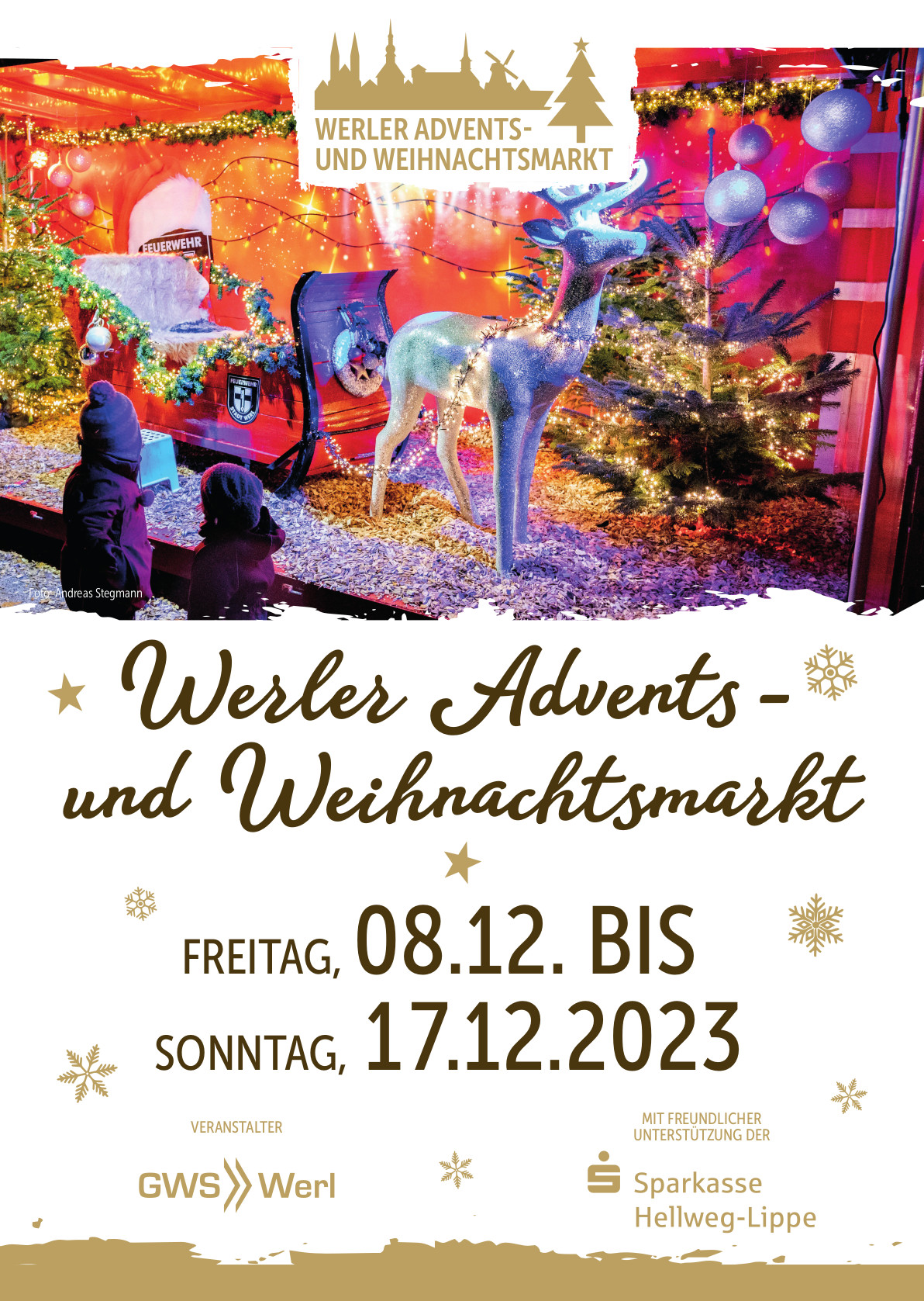 Plakat für den Werler Advents- und Weihnachtsmarkt 2023, der vom 8.12. bis 17.12.2023 auf dem Werler Marktplatz stattfindet.